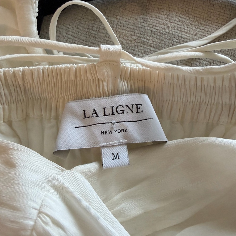 New La Ligne Stella Ruffle Shoulder Open back Linen Blend Midi Dress - Picture 4 of 14